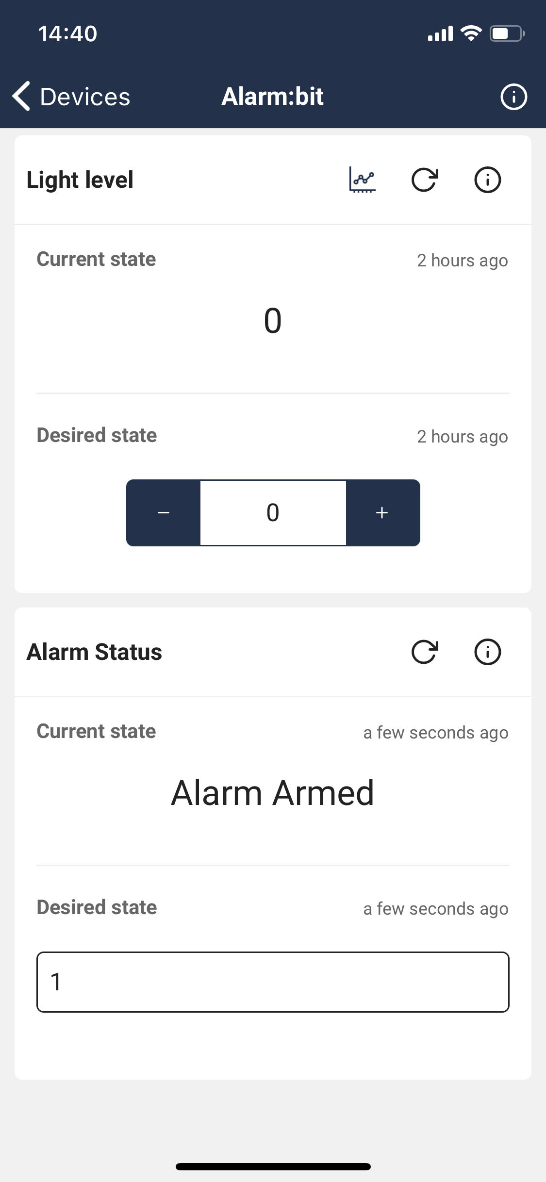 Wappsto smartphone APP device view showing light level and alarm status with alarm status armed